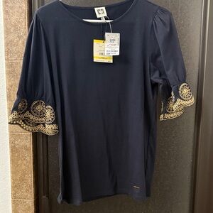 Anne Klein Midnight Blue Top with Gold Accents